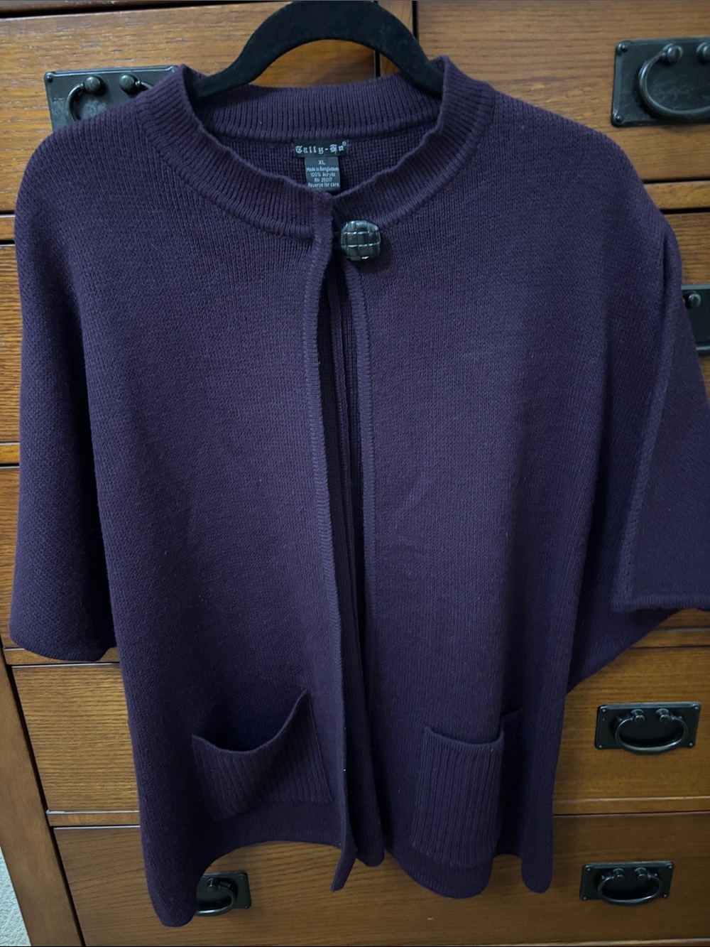 Tally-ho Deep Plum Short-Sleeve Knit Cardigan poncho with Button